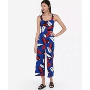 New! Express Blue‎ Print tropical Jumpsuit, women's size L